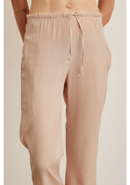 Beli Lastikli Biyeli Yüksek Bel Pantolon Pudra indirimleri