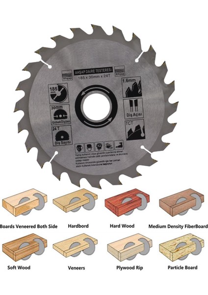 Ahşap Mdf Mobilya Tahta Sunta Dolap Kesme Testeresi Metal Elmas Testere 185 mm 24 Diş