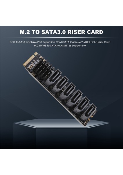 Pcıe - Sata 6gpbsx6 Bağlantı Noktalı Genişletme Kartı + Sata Kablosu M.2 Mkey Pcı-E Yükseltici Kart M.2 Nvme - Sata3.0 ASM1166 Destek Pm (Yurt Dışından)