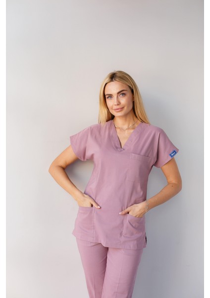 Kadın Likralı Yarasa Kol Hemşire Doktor Takım Gül Kurusu