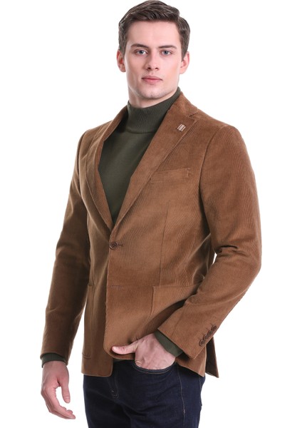 Camel Slim Fit Düz Mono Yaka Pamuklu Kadife Ceket