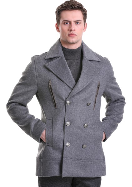 Gri Slim Fit Kruvaze Yünlü Kaşe Kaban