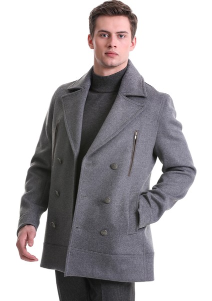 Gri Slim Fit Kruvaze Yünlü Kaşe Kaban modelleri