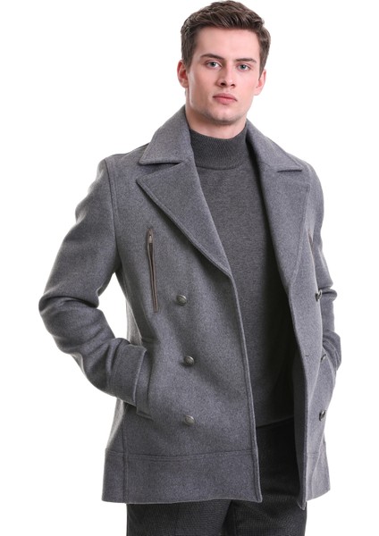 Gri Slim Fit Kruvaze Yünlü Kaşe Kaban fırsatları