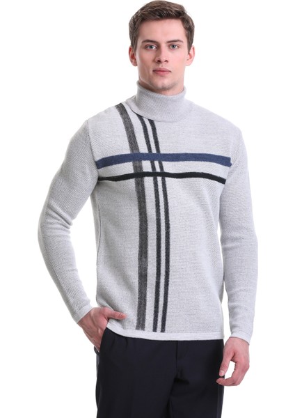 Gri Comfort Fit Desenli Balıkçı Yaka Yünlü Triko Kazak