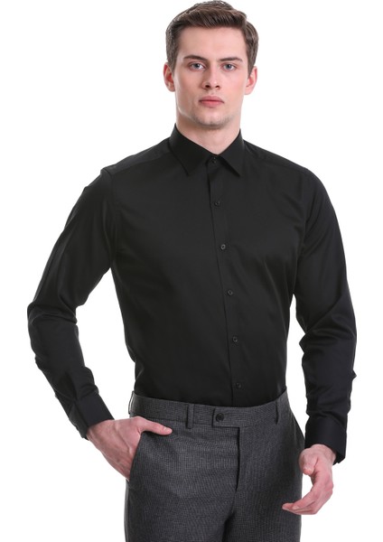 Siyah Slim Fit Düz 100% Pamuklu Slim Yaka Uzun Kollu Casual Saten Gömlek