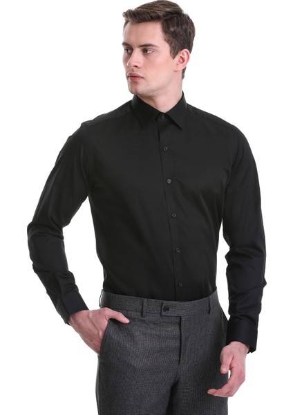 Siyah Slim Fit Düz 100% Pamuklu Slim Yaka Uzun Kollu Casual Saten Gömlek fiyatları