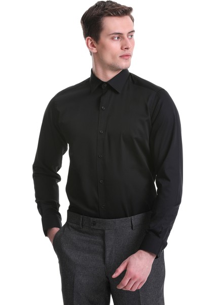 Siyah Slim Fit Düz 100% Pamuklu Slim Yaka Uzun Kollu Casual Saten Gömlek modelleri