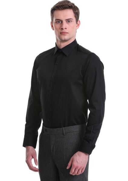 Siyah Slim Fit Düz 100% Pamuklu Slim Yaka Uzun Kollu Casual Saten Gömlek indirimleri