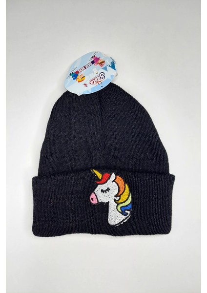 Siyah Unicorn Nakışlı Kız Çocuk Bere