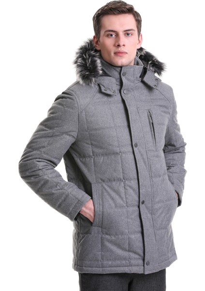Gri Slim Fit Hakim Yaka Kürklü Kapüşonlu Kaban