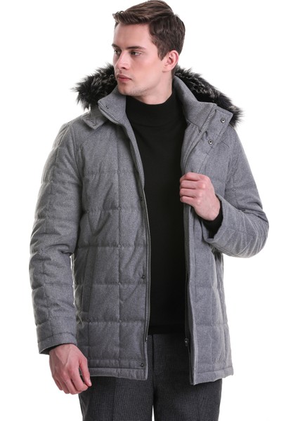 Gri Slim Fit Hakim Yaka Kürklü Kapüşonlu Kaban modelleri