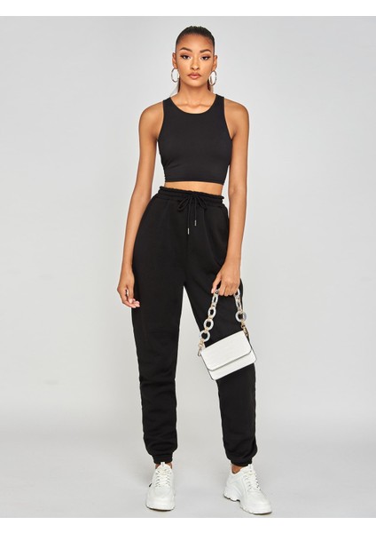 DAXİS Kadın Eşofman Altı Siyah Lastikli Paça Polar İçerikli 2021 Sonbahar Kış Modası