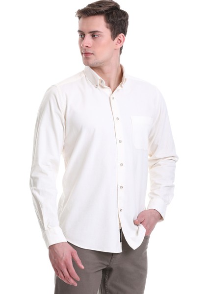 Bej Slim Fit Düz 100% Pamuklu Düğmeli Yaka Uzun Kollu Klasik Gömlek fiyatları