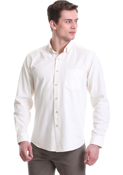 Bej Slim Fit Düz 100% Pamuklu Düğmeli Yaka Uzun Kollu Klasik Gömlek modelleri