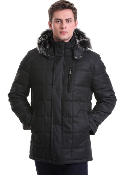 Siyah Slim Fit Hakim Yaka Kürklü Kapüşonlu Kaban
