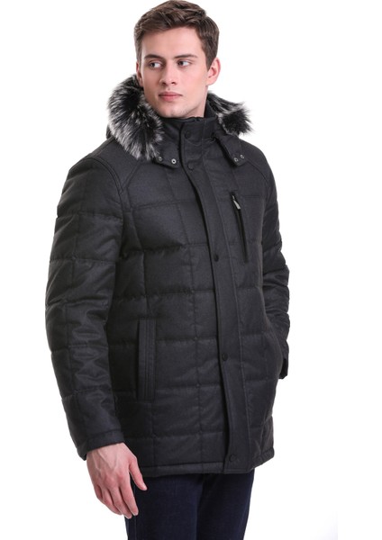 Siyah Slim Fit Hakim Yaka Kürklü Kapüşonlu Kaban fiyatları