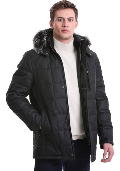 Siyah Slim Fit Hakim Yaka Kürklü Kapüşonlu Kaban modelleri