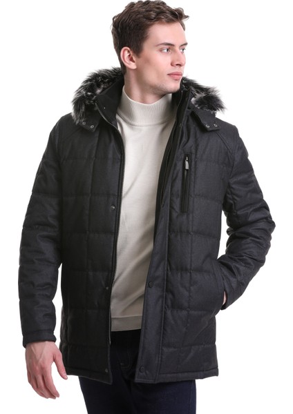 Siyah Slim Fit Hakim Yaka Kürklü Kapüşonlu Kaban fırsatları