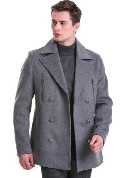 Gri Slim Fit Kruvaze Yünlü Kaşe Kaban fiyatları