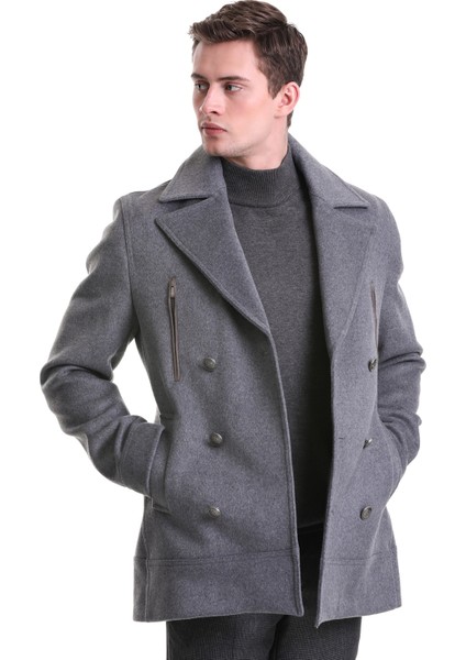 Gri Slim Fit Kruvaze Yünlü Kaşe Kaban indirimleri