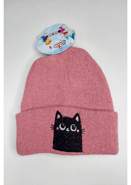 Pembe Kedi Nakışlı Kız Çocuk Bere