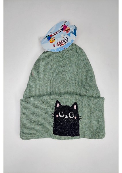Mint Yeşili Kedi Nakışlı Kız Çocuk Bere