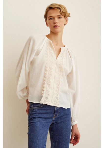 Brodeli V Yaka Bluz Beyaz modelleri