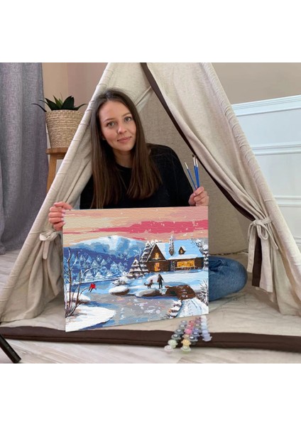 Sayılarla Boyama Seti 40 x 50 cm Tuval Şasesine Gerili Karlı Manzaram