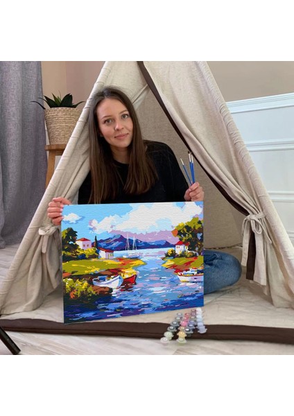Sayılarla Boyama Seti 40 x 50 cm Tuval Şasesine Gerili Göl Manzarası