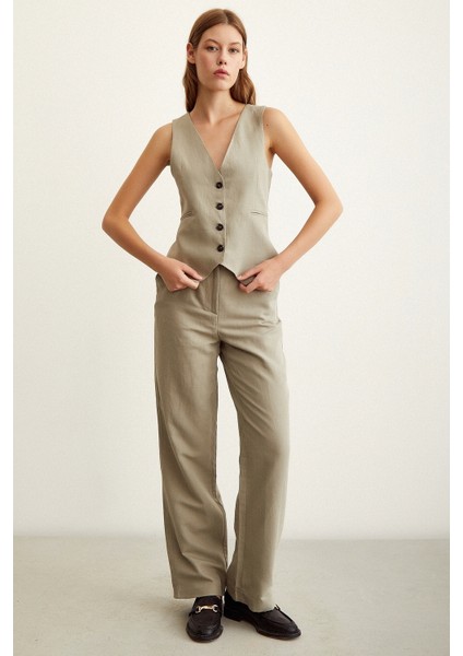 Yüksek Bel Keten Pantolon Gri