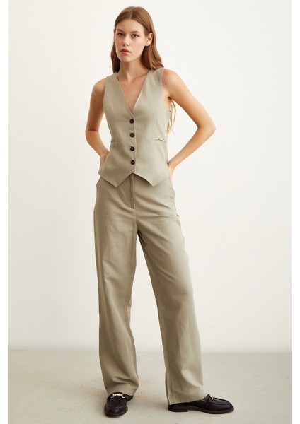 Yüksek Bel Keten Pantolon Gri fiyatları