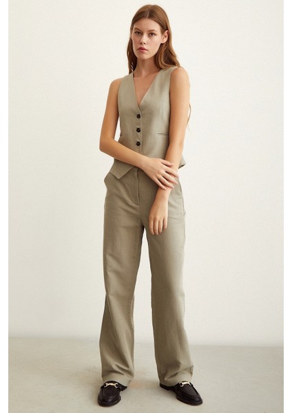 Yüksek Bel Keten Pantolon Gri modelleri