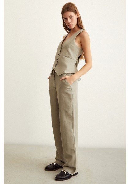 Yüksek Bel Keten Pantolon Gri fırsatları