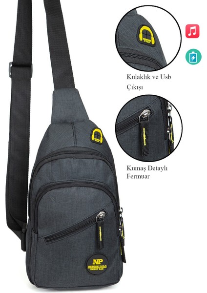 Unisex Siyah Keten Kumaş Usb Kulaklık Çıkışlı Çapraz Göğüs ve Omuz Çantası tul057