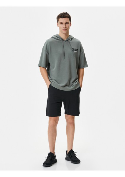 Spor Sweat Kapşonlu Kısa Kollu Slogan Baskılı