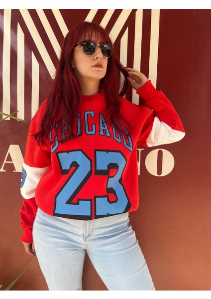 Retro Club  Unisex Oversize Chicago 23 Baskılı Polarlı Sweatshirt