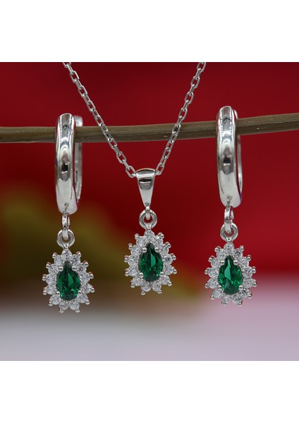 Yeşil Beyaz Taşlı Minimal Anturaj Damla Gümüş Kolye Küpe Takım