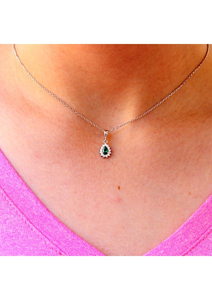 Yeşil Beyaz Taşlı Minimal Anturaj Damla Gümüş Kolye Küpe Takım fiyatları