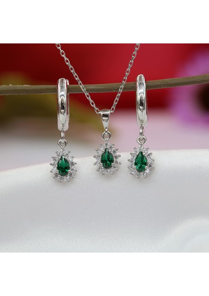 Yeşil Beyaz Taşlı Minimal Anturaj Damla Gümüş Kolye Küpe Takım indirimleri