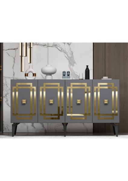 Lottus Konsol 4 Kapaklı Raflı Antrasit-Altın