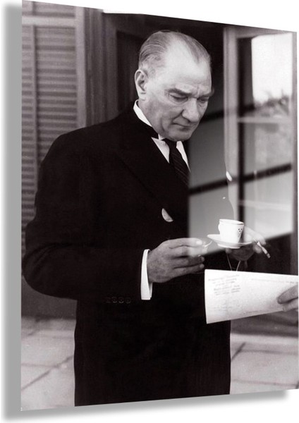 Temperli Gerçek Cam Ofis Tablosu Kahve Içen Atatürk Portresi