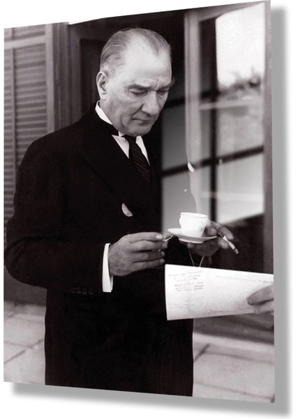 Temperli Gerçek Cam Ofis Tablosu Kahve Içen Atatürk Portresi modelleri