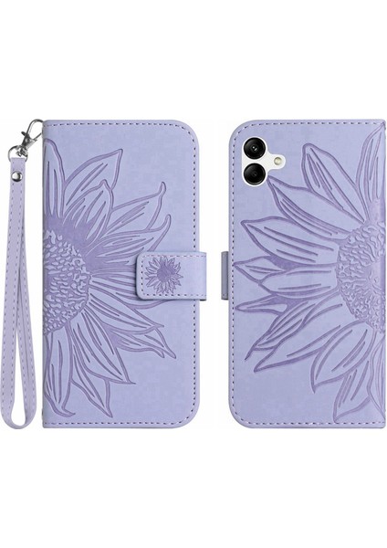 Samsung Galaxy A04 4g (164.4 x 76.3 x 9.1 Mm) HT04 Düşme Koruması Cilt Dokunlu Pu Deri Telefon Kılıfı Baskılı Ayçiçeği Stand Stand Cüzdan Kapağı El Strap-Light Mor (Yurt Dışından)
