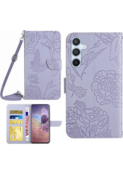 Samsung Galaxy A54 Için 5g HT03 Kelebek Çiçekler Baskılı Cüzdan Telefon Kılıfı Deri Dokunlu Pu Deri Flip Folio Stand Manyetik Kapak Omuz Kayışı Doğru (Yurt Dışından)