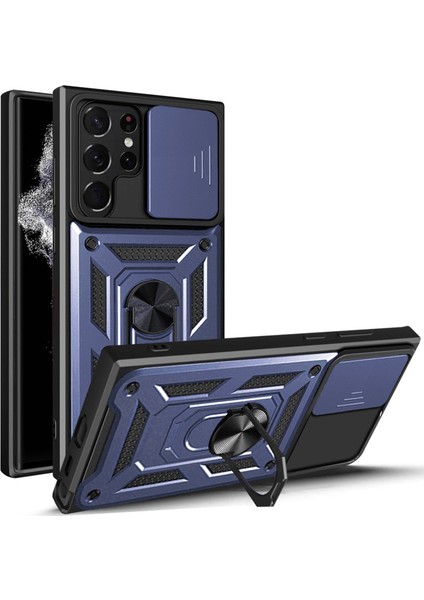 Samsung Galaxy S23 Için Ultra Anti-Fall Anti-Fone Case Ring Kickstand Pc+Tpu Akıllı Telefon Kapağı Slayt Kamera Koruyucu Mavi (Yurt Dışından)