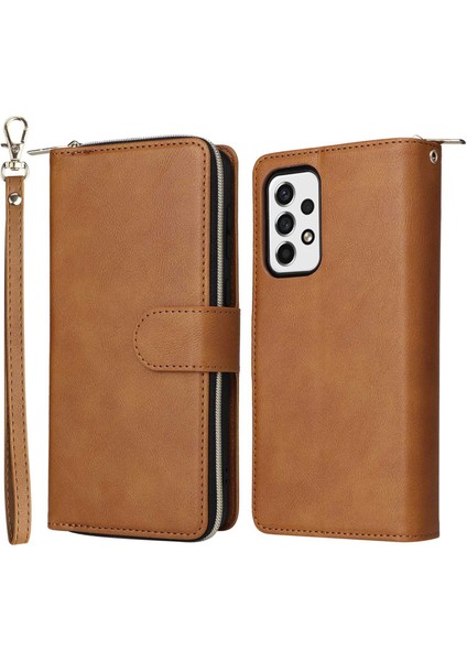 Samsung Galaxy A23 4G/A23 5g (Global VERSIYON)/M23 5G/F23 5g Ince Pu Deri Cüzdan Telefon Kılıfı 9 Kart Yuvaları Fermuarı Cep Stand Flip Cover-Brown (Yurt Dışından)