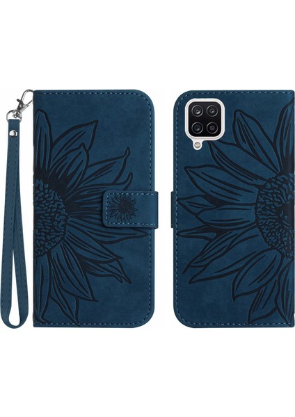 Samsung Galaxy A22 4g (Ab Versiyonu) HT04 Cilt Touch Flip Cüzdan Kapağı Baskılı Ayçiçeği Tam Koruma Telefon Kılıfı El Strap-Dark Mavi (Yurt Dışından)