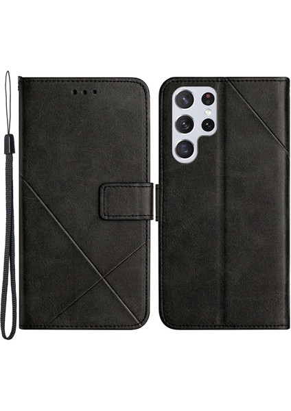 Samsung Galaxy S23 Için Ultra Baskılı Çizgi Cüzdan Telefon Kılıfı Düz ​​renk Pu Deri Manyetik Kapanma Stand Flip Folio Cover-Black (Yurt Dışından)