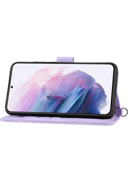 Samsung Galaxy S22 Için 5g Cilt Dostu Baskılı Çiçekler Pu Deri Telefon Kılıfı Stand Çok Kart Yuvası Koruyucu Telefon Kapağı Bilek Kayışı ve Omuz Kayış Işığı ile Mor (Yurt Dışından)